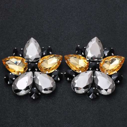 Flower Clip on Earrings - Silver With Black Rhinestones